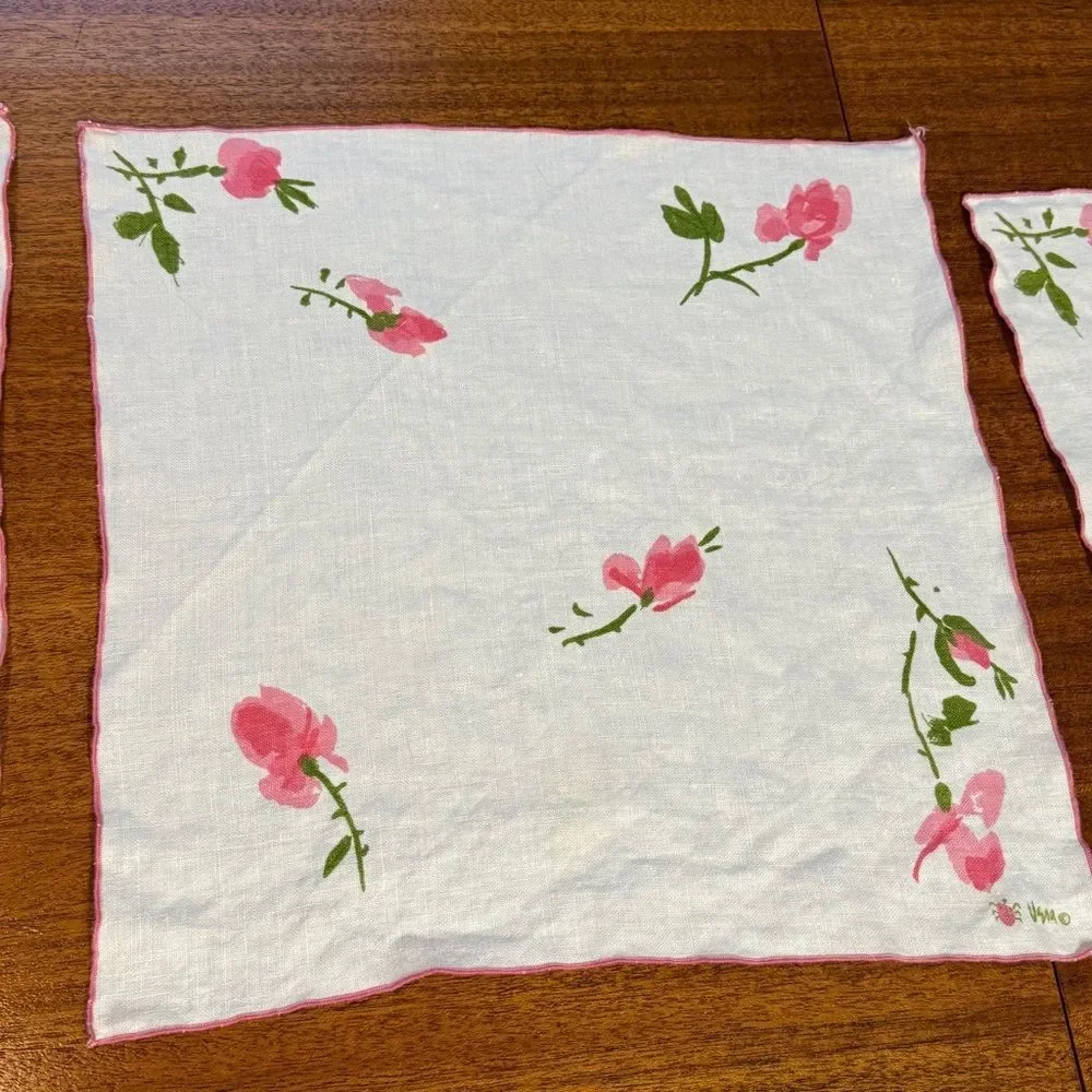 Vintage Vera Neumann Dining Linen Napkins White with Pink Rose Set of 3